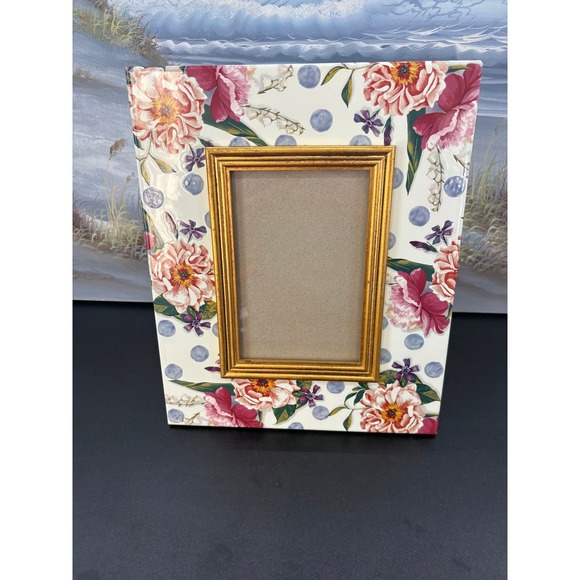 MacKenzie-Childs Other - MacKenzie-Childs Floral Peony Polka Dot Picture Frame Gold Trim 4x6 9x11